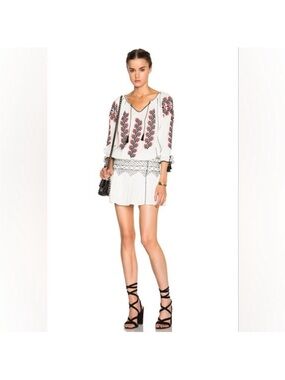 Ulla Johnson Samira Smocked Embroidered Drop Waist Mini Dress White size 4